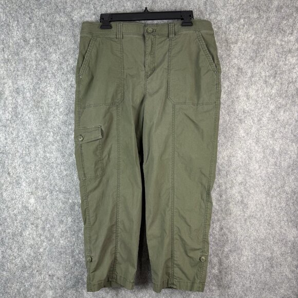 Chico's Size 2 Cargo Pants Womens 12 Olive Green Roll‎ Tab Hems Outdoor Gorpcore - Picture 2 of 13